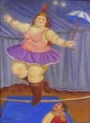 After Fernando Botero, (Colombian, b.1932) equilibrist with umbrella, oil on canvas laid on board,