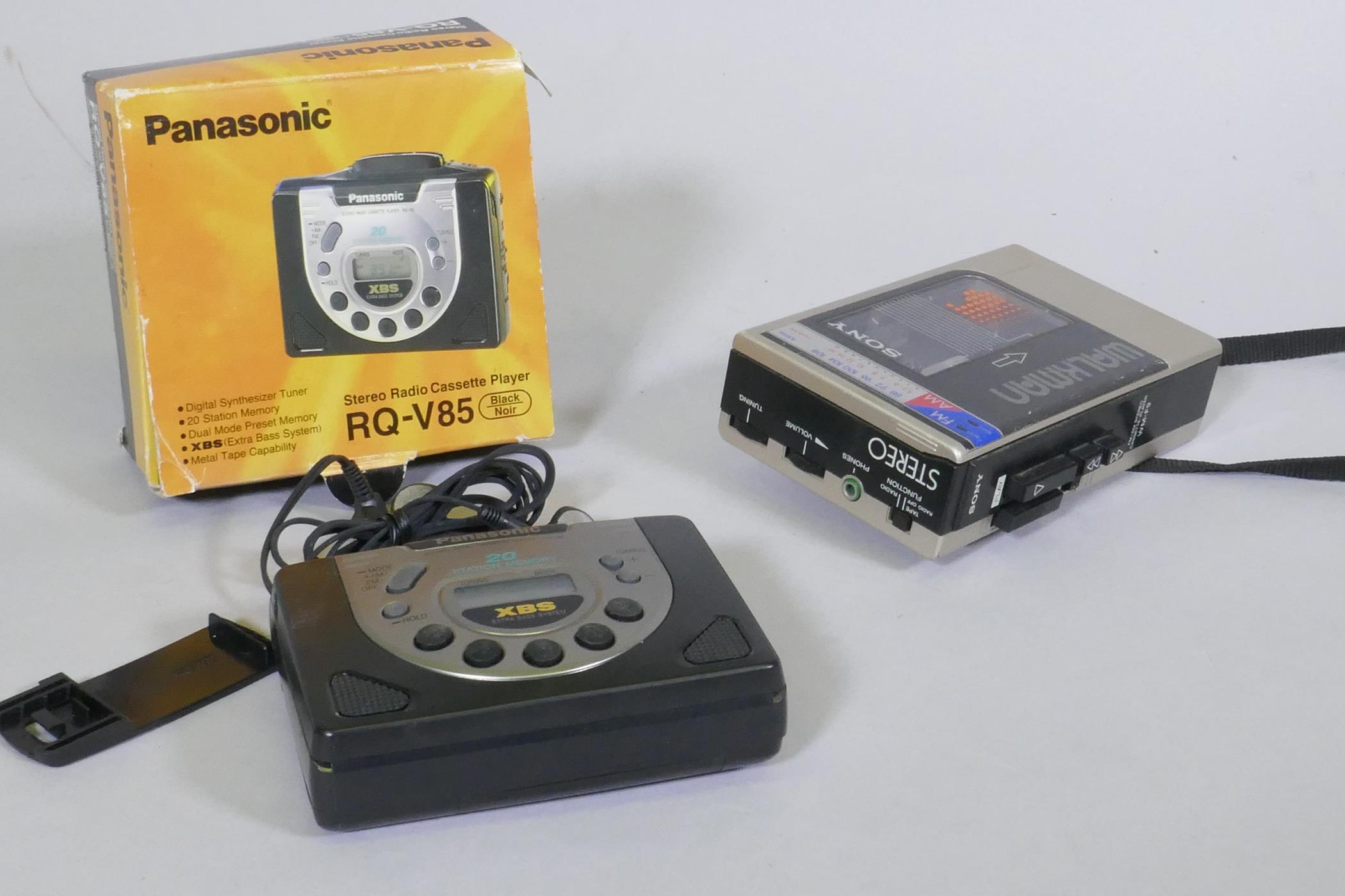 A Sony Walkman WM-F9 Stereo radio cassette player, and a Panasonic RQ-V85 Stereo radio cassette