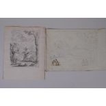 Figures in a landscape with angel above, C17th/C18th ink and wash drawing, and figures in a