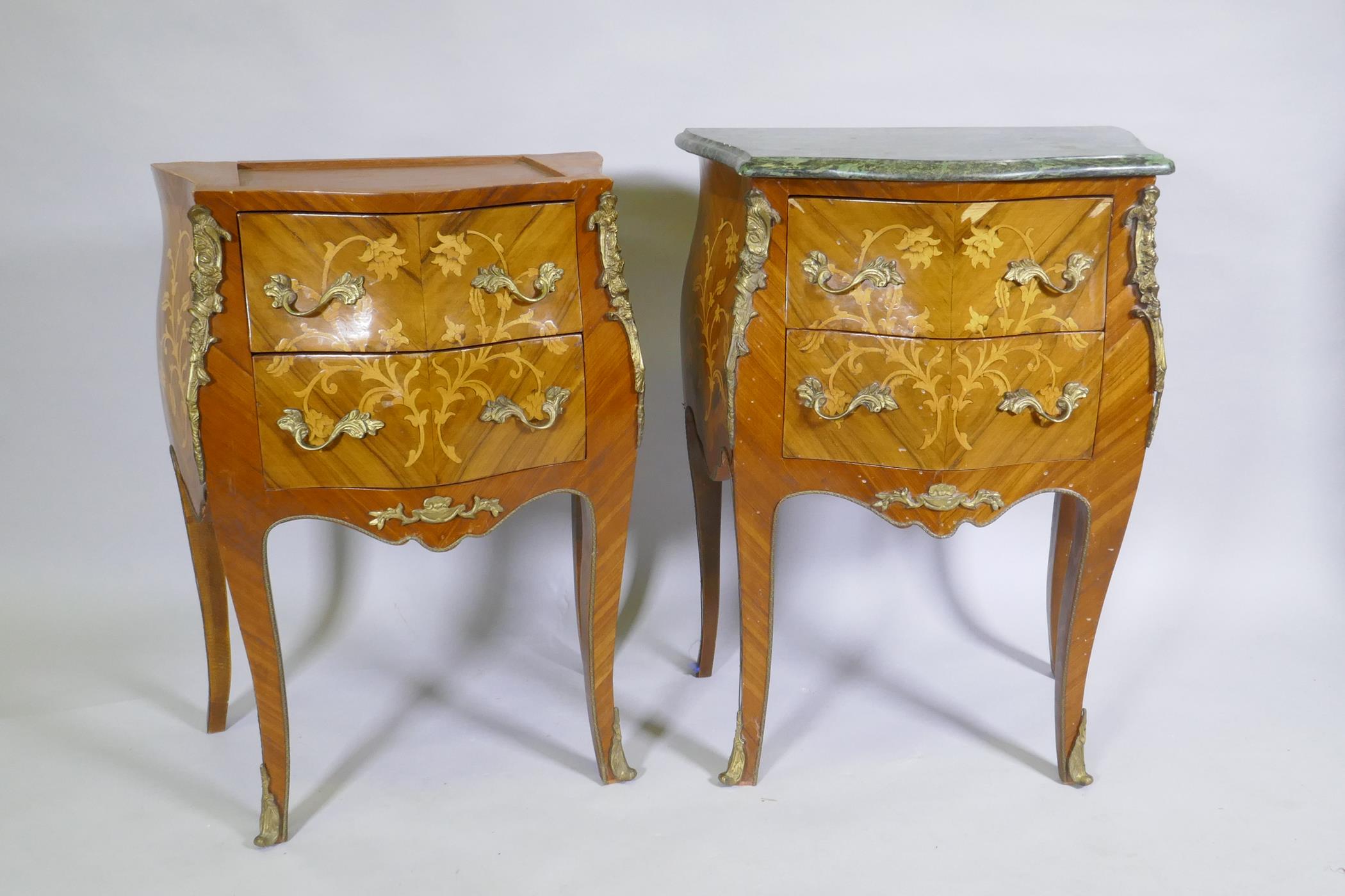 A pair of Louis XV style bombe shaped two drawer commodes with brass mounts, one lacking marble top, - Image 3 of 5