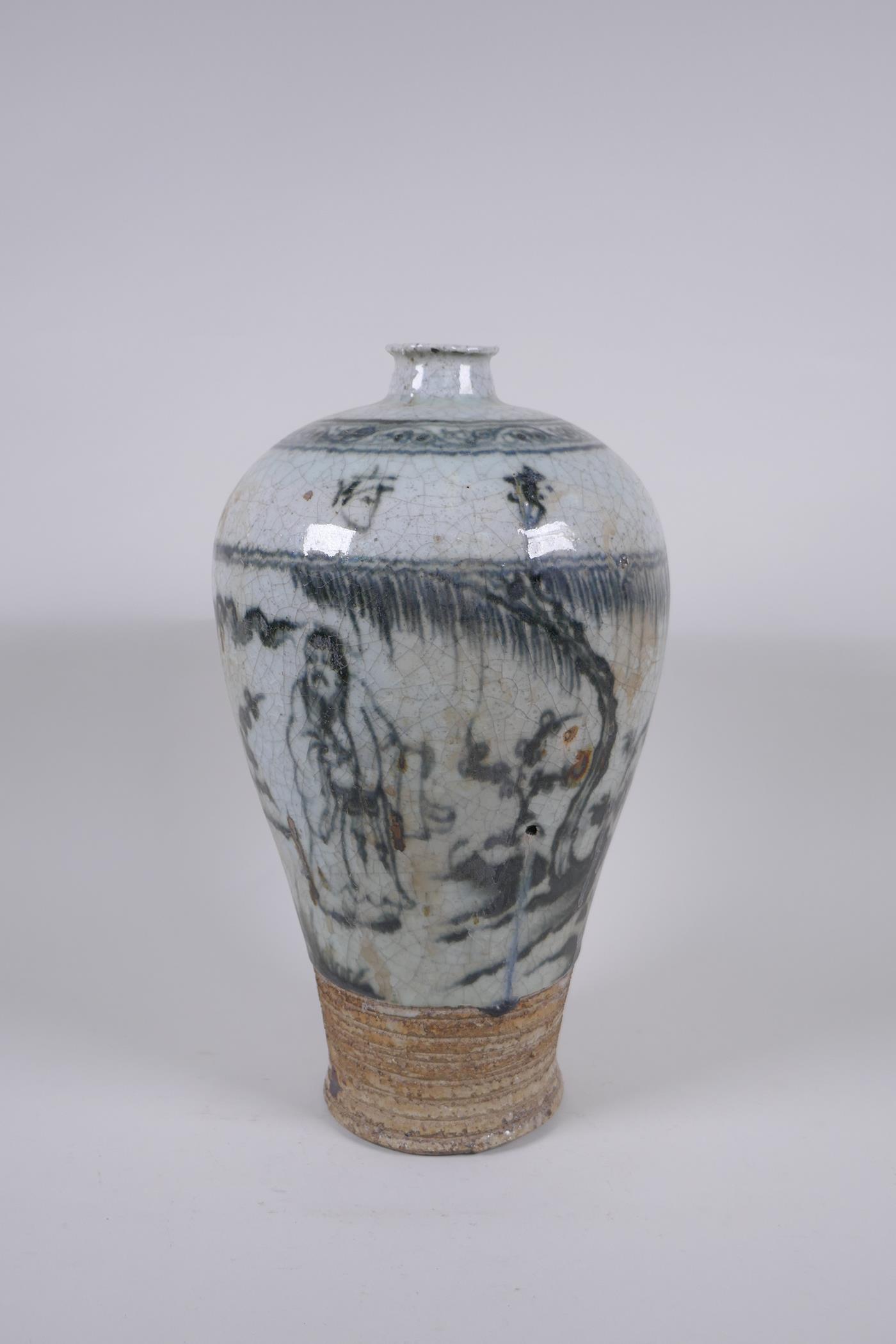 A Chinese blue and white crackle glazed pottery meiping vase, decorated with figures in a landscape, - Image 4 of 6