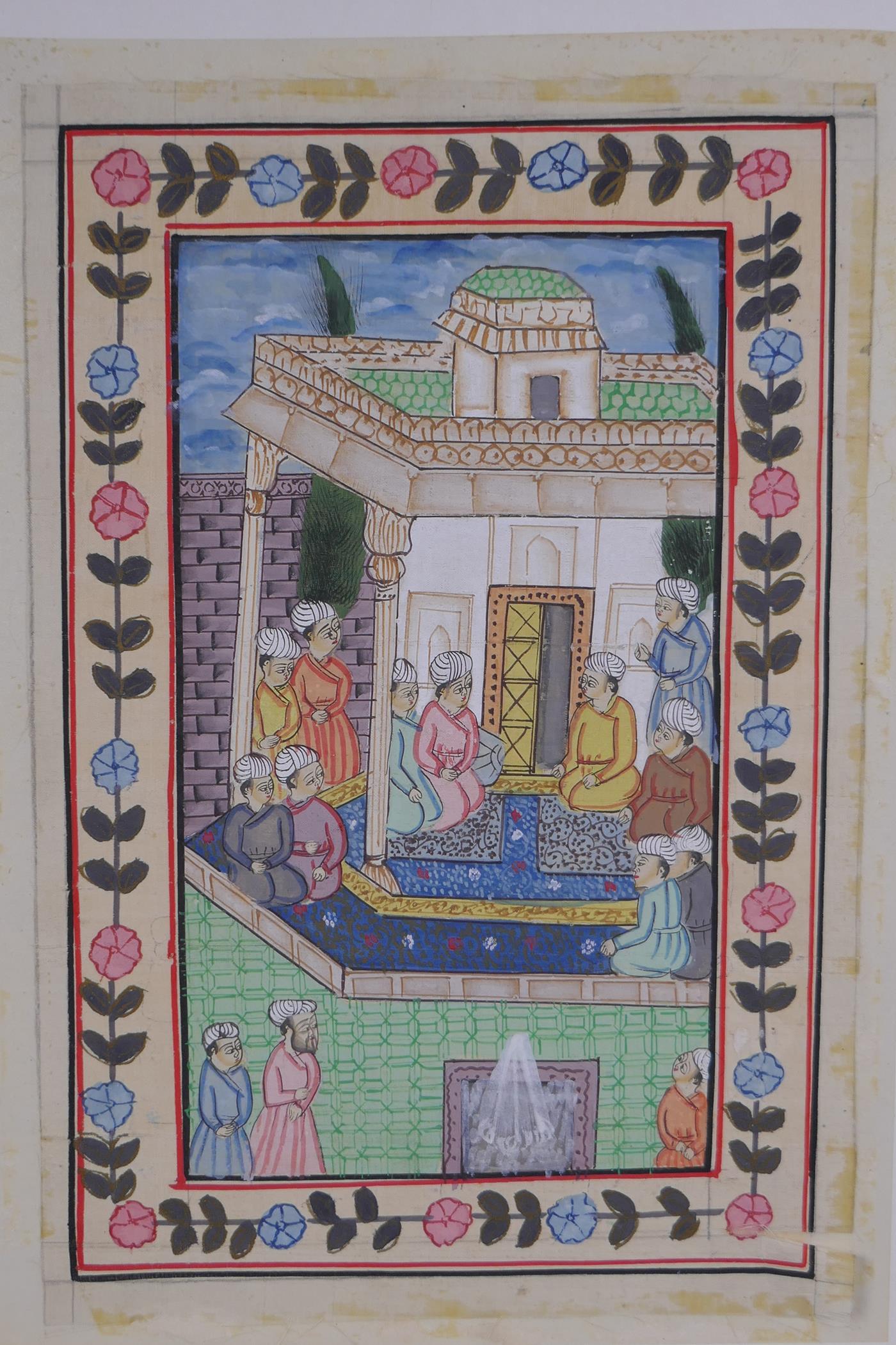 Five Indian miniature paintings on silk depicting court scenes, largest 24 x 31cm - Image 2 of 6