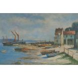 Boats moored on the Thames Estuary, initialled E.S. (Edward Scrope Shrapnel?), oil on board, with