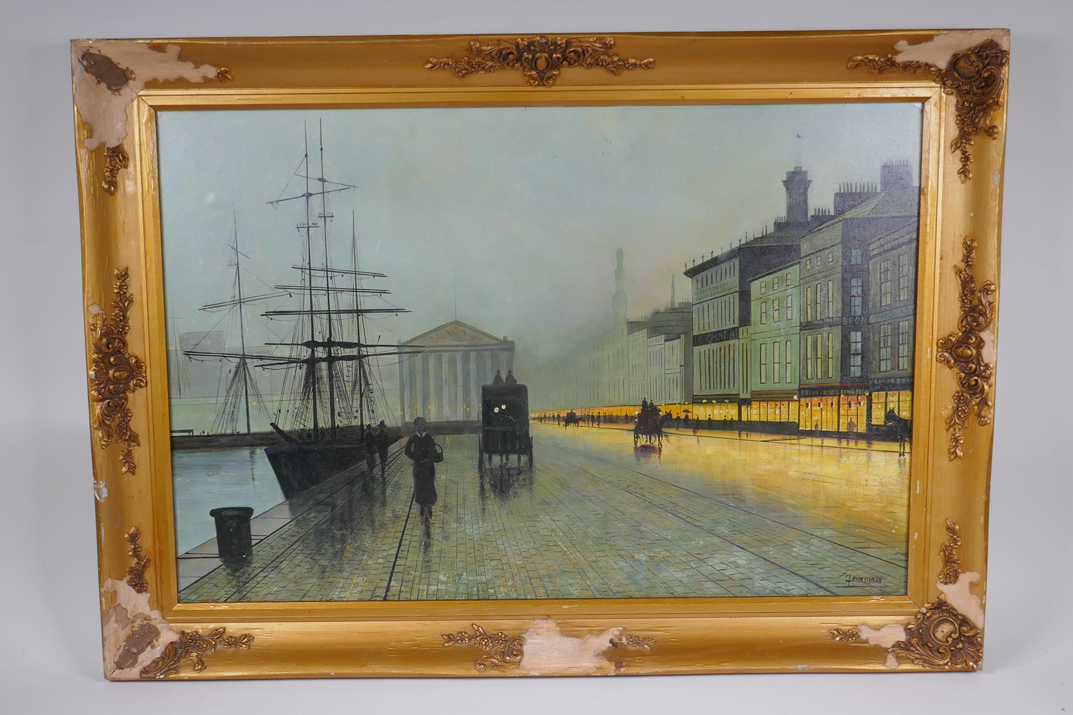 In the manner of Atkinson Grimshaw, (British, 1836-1893), harbour scene at dusk, signed, oil on - Image 3 of 5