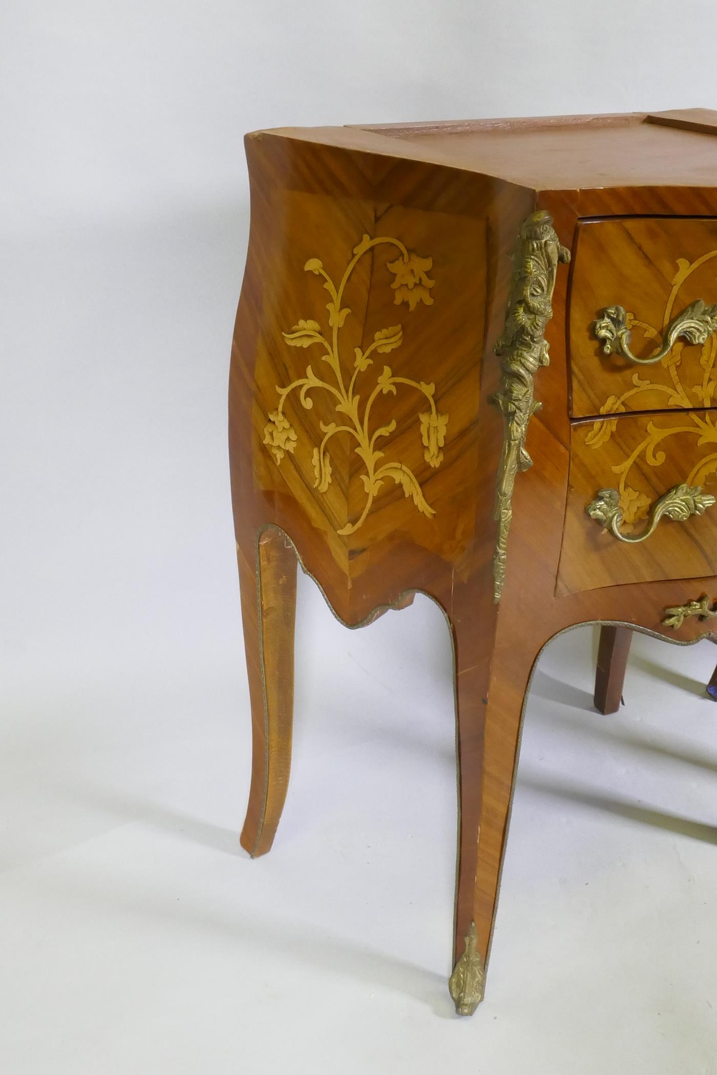 A pair of Louis XV style bombe shaped two drawer commodes with brass mounts, one lacking marble top, - Image 4 of 5