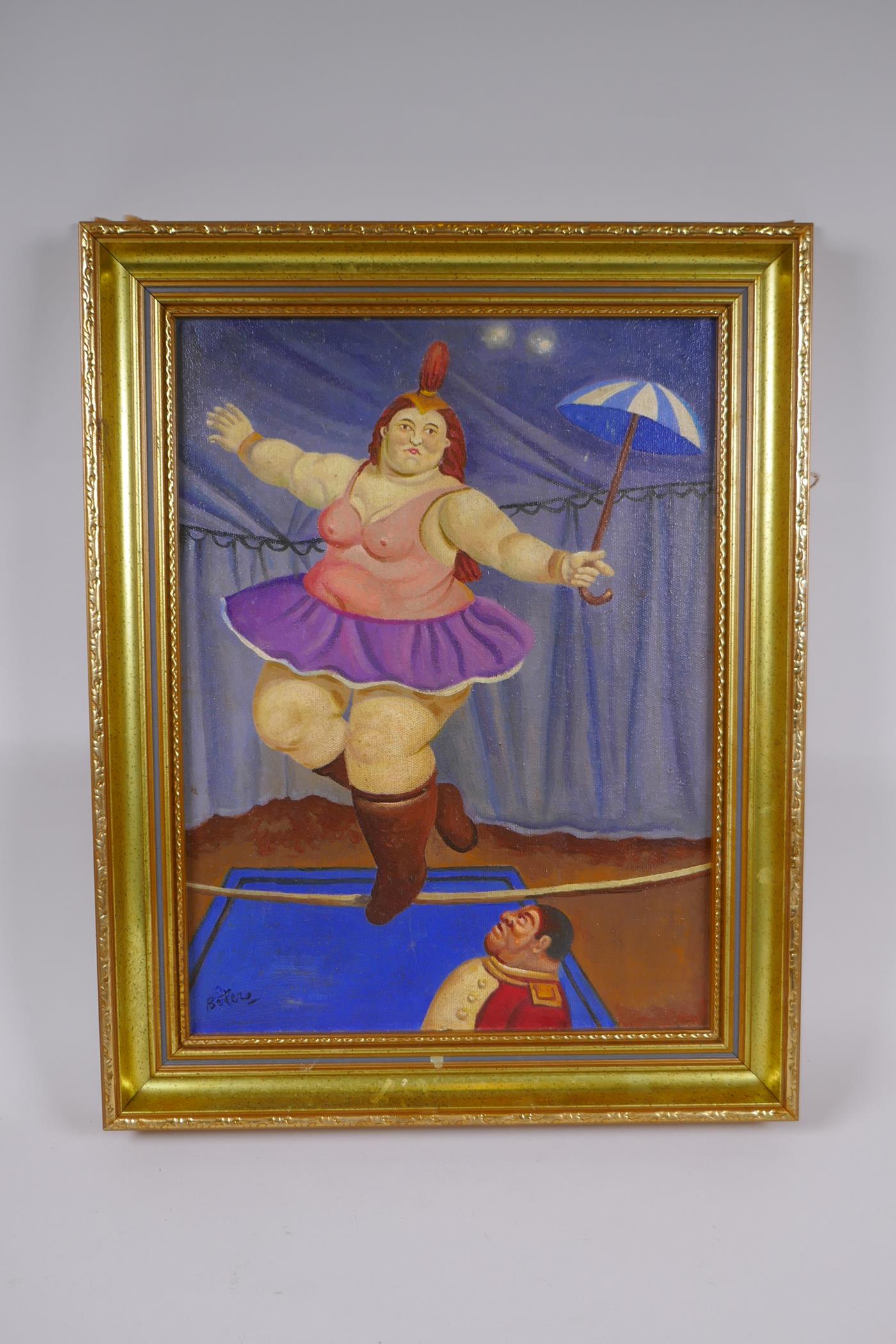 After Fernando Botero, (Colombian, b.1932) equilibrist with umbrella, oil on canvas laid on board, - Image 2 of 4