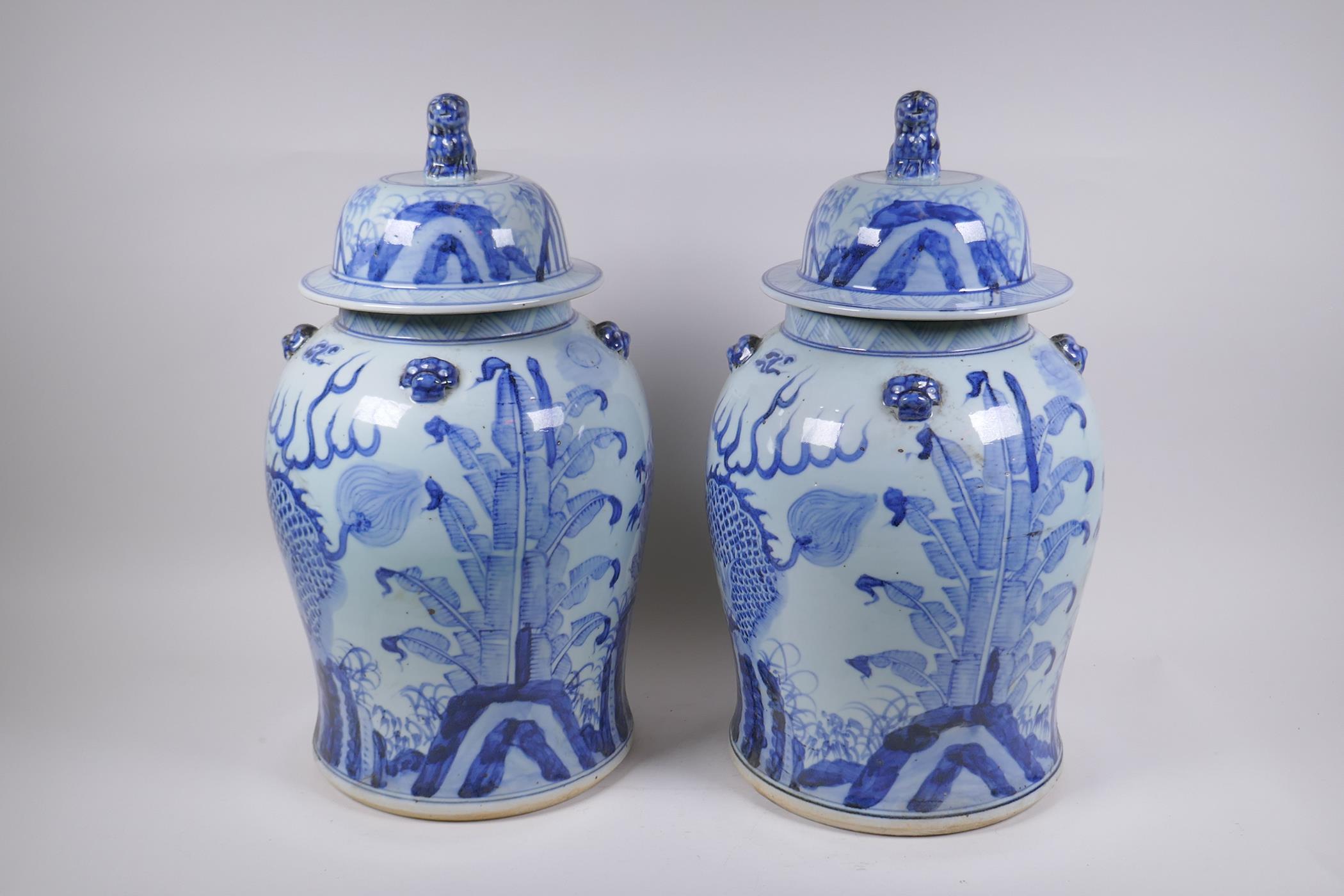 A pair of Chinese blue and white porcelain jars and covers with lion mask, kylin and Fo-dog - Image 3 of 6