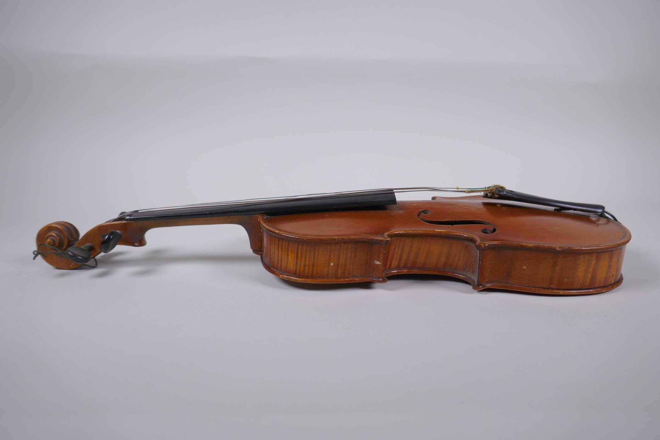 An antique half size violin with a two piece back and ebony finger board, 46cm long - Image 3 of 5