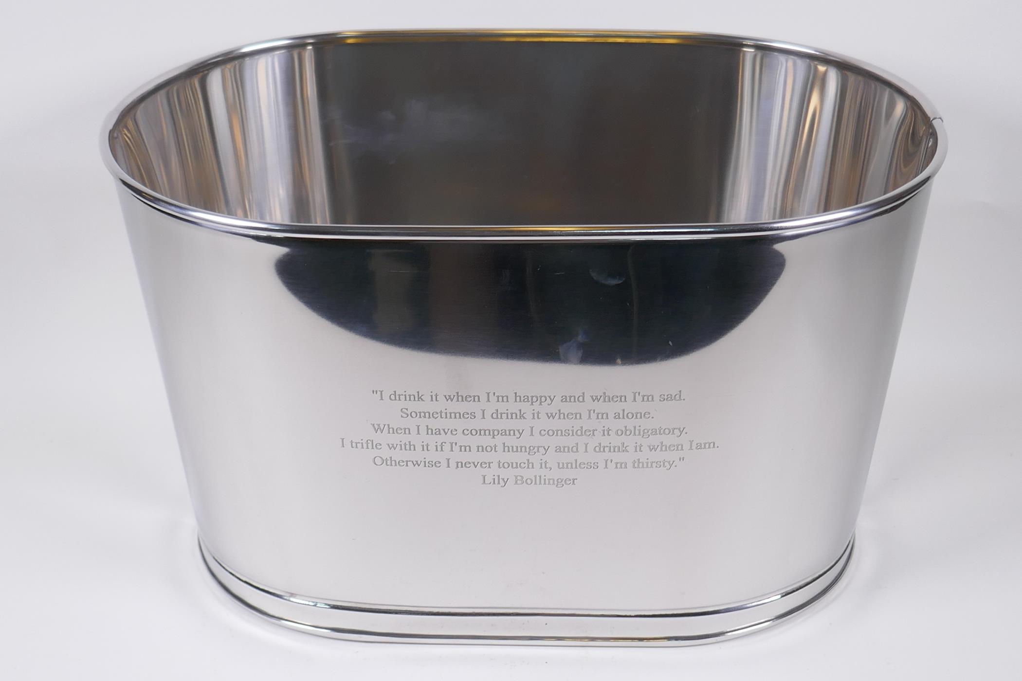 A pair of plated metal Champagne coolers, engraved with quotes from Lily Bollinger and Napoleon - Image 3 of 3