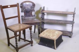 An early C19th mahogany hall chair, a Victorian ottoman style footstool with lift up top, an
