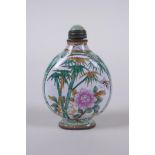 A canton enamel snuff bottle decorated with insects amongst flowers and bamboo, Chinese 4