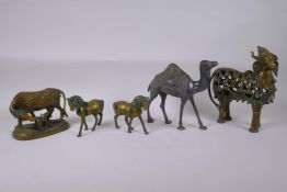 Five Indian bronze figures of cows, horses and a camel, largest 23cm high