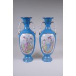 A pair of Sevres style porcelain two handled urns, with decorative panels depicting maidens and