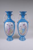 A pair of Sevres style porcelain two handled urns, with decorative panels depicting maidens and