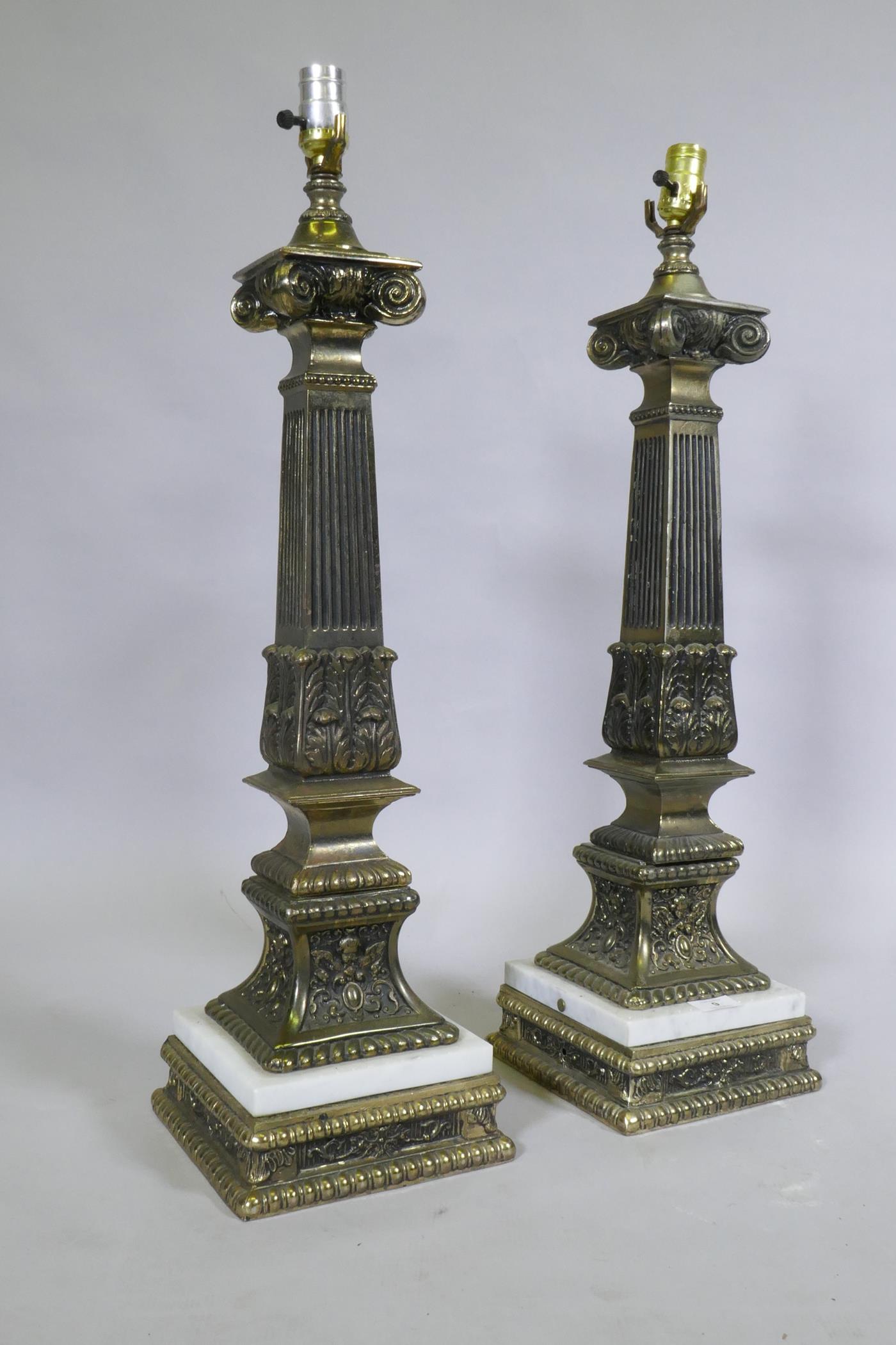 A pair of brass and marble classical column table lamps, 74cm high