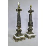 A pair of brass and marble classical column table lamps, 74cm high