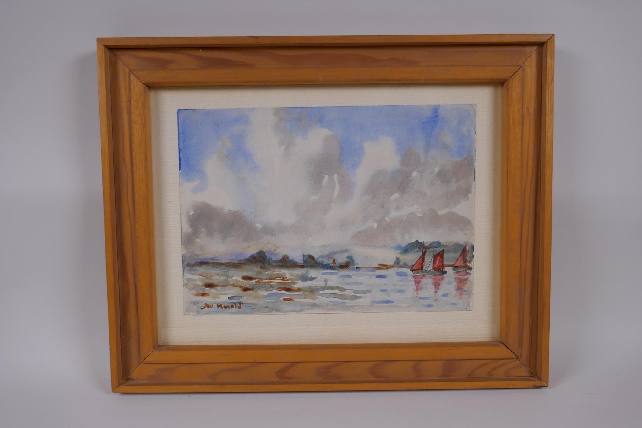 Watercolour sketch of boats in a coastal inlet, signed J.W. Herald, 18 x 25cm - Image 2 of 3