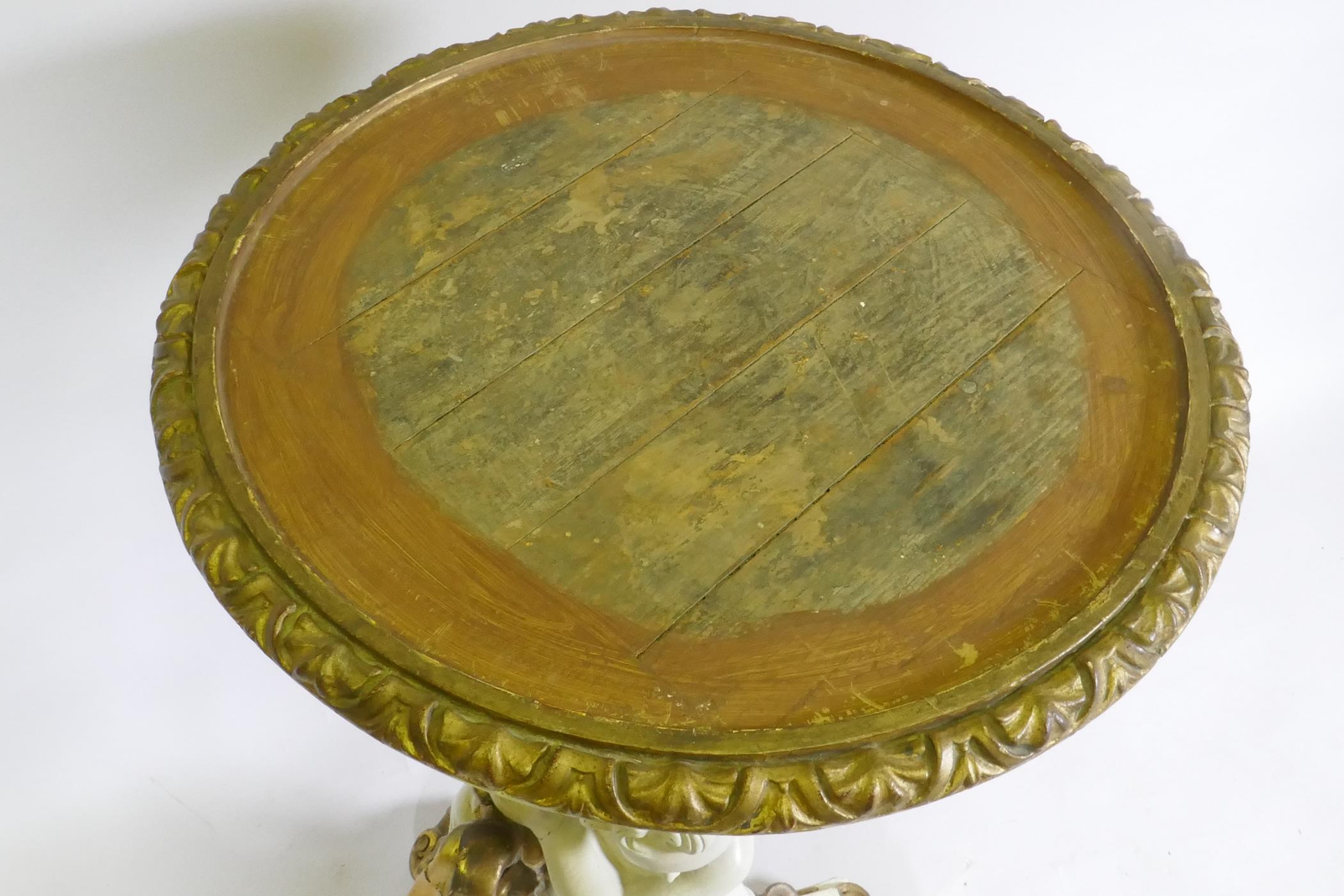 C19th Italian table/stand with painted and parcel gilt decoration in the form of a putto bearing a - Image 5 of 8