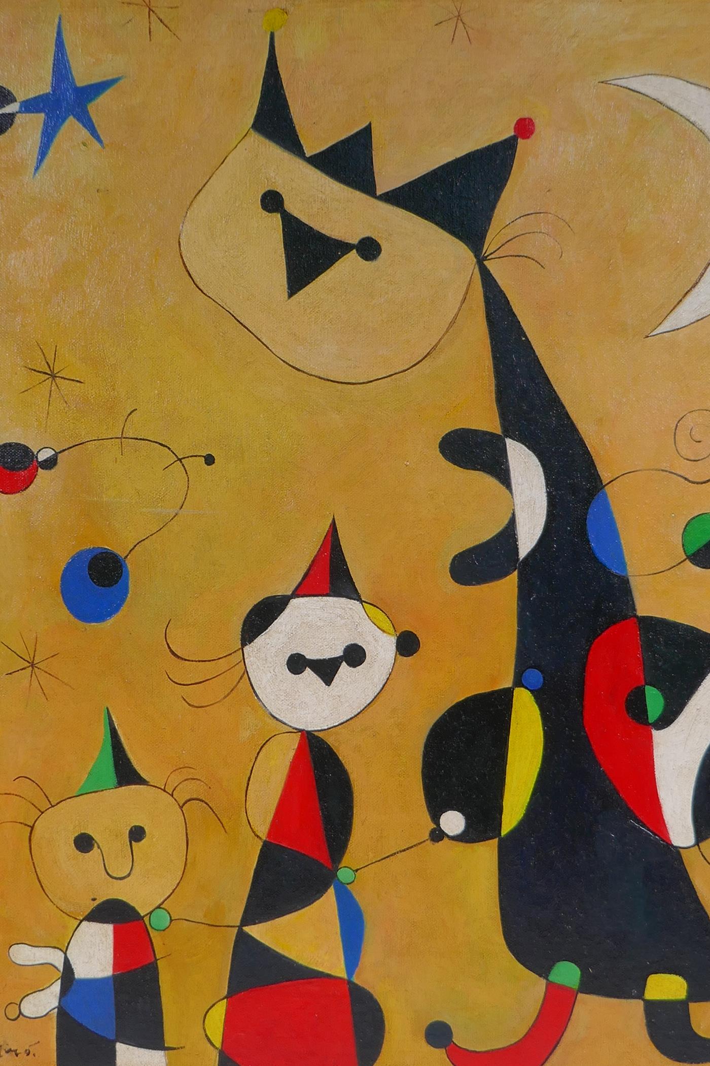 In the manner of Joan Miro, (Spanish, 1893-1983), surrealist abstract of cats, oil on canvas laid on