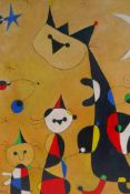 In the manner of Joan Miro, (Spanish, 1893-1983), surrealist abstract of cats, oil on canvas laid on