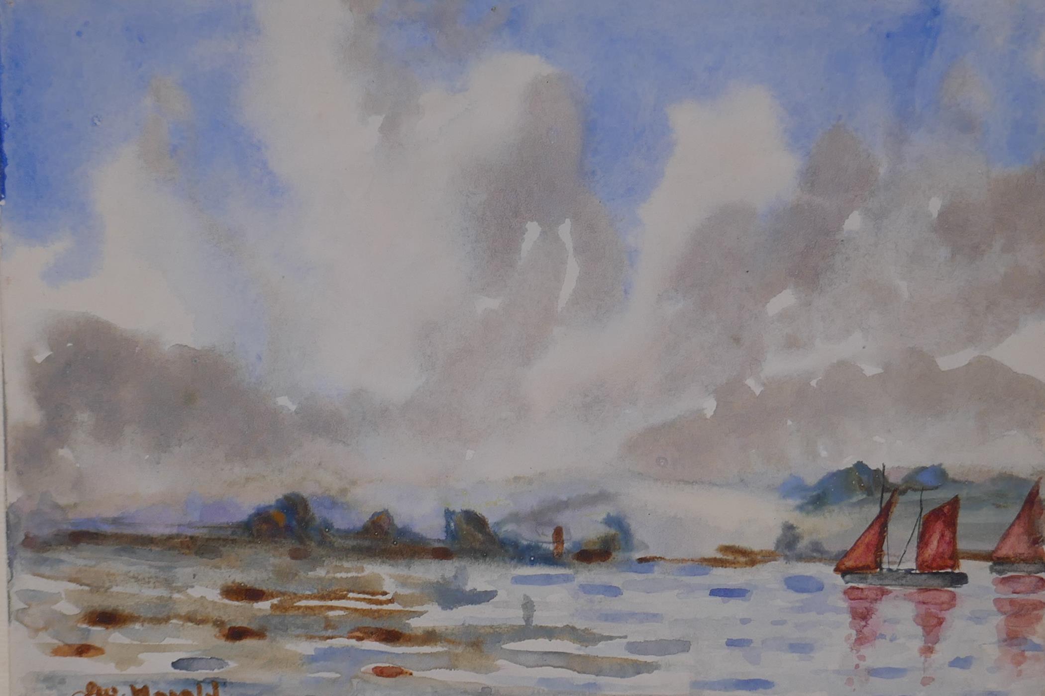 Watercolour sketch of boats in a coastal inlet, signed J.W. Herald, 18 x 25cm