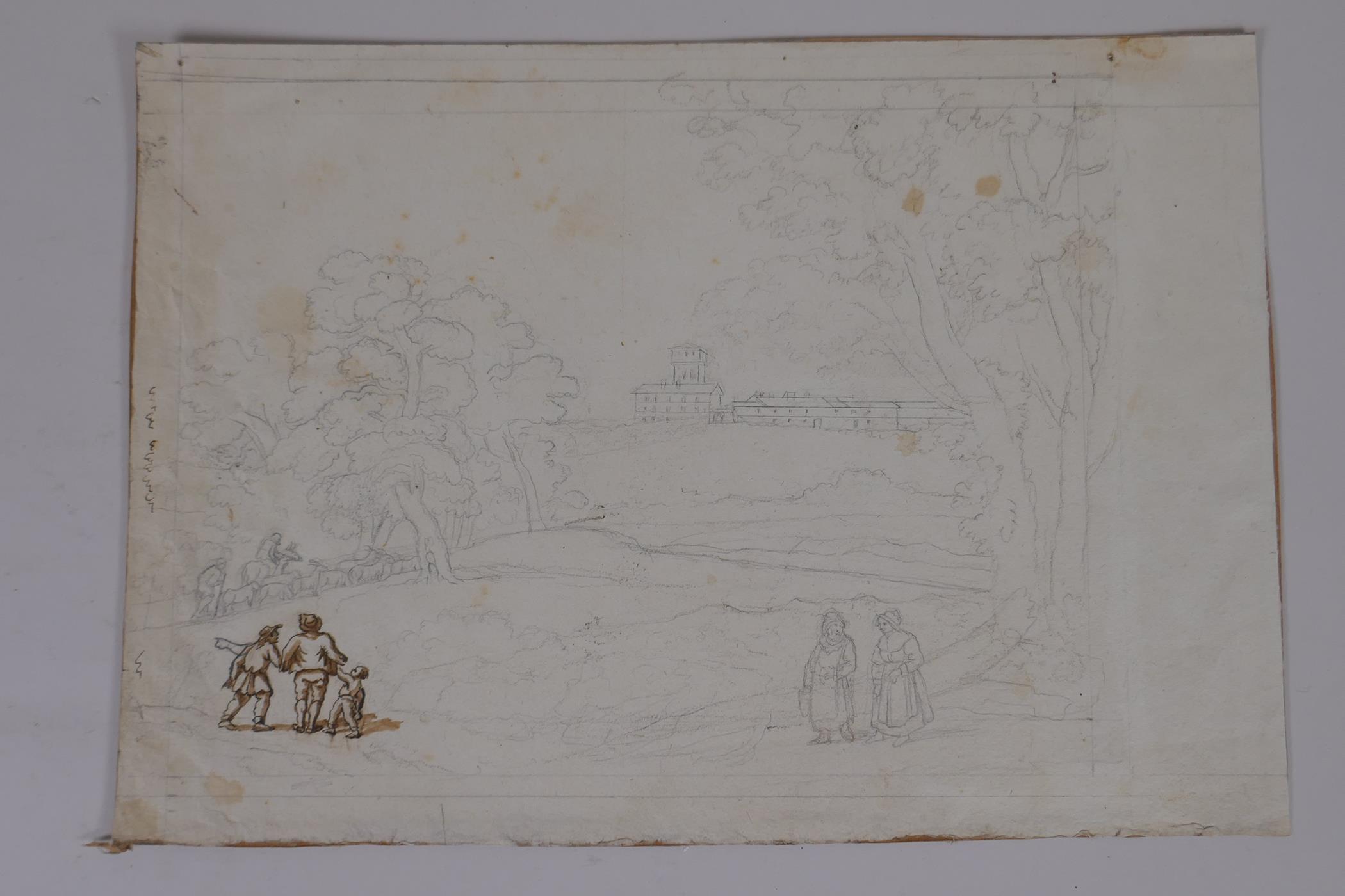 Figures in a landscape with angel above, C17th/C18th ink and wash drawing, and figures in a - Image 3 of 3