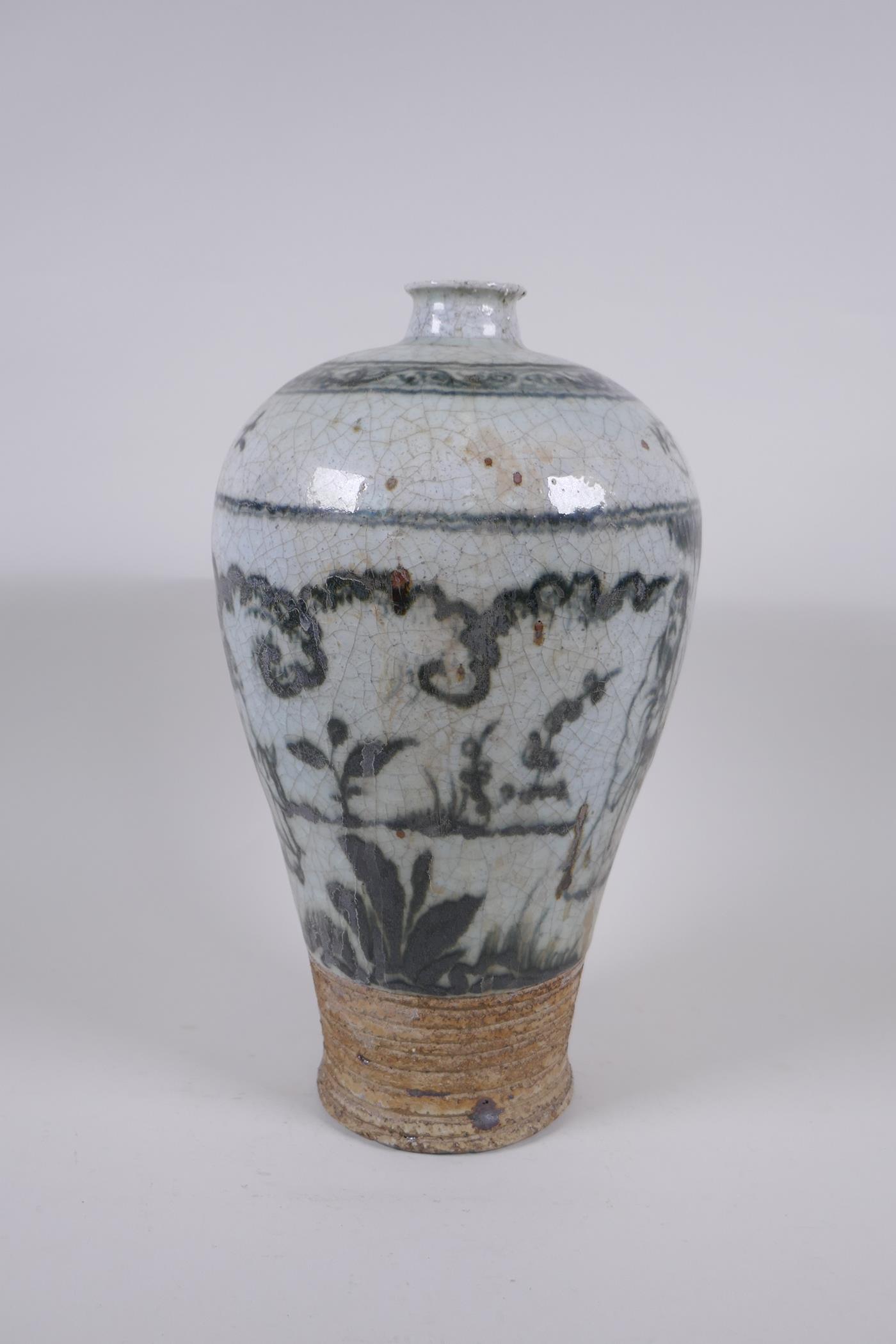 A Chinese blue and white crackle glazed pottery meiping vase, decorated with figures in a landscape, - Image 3 of 6