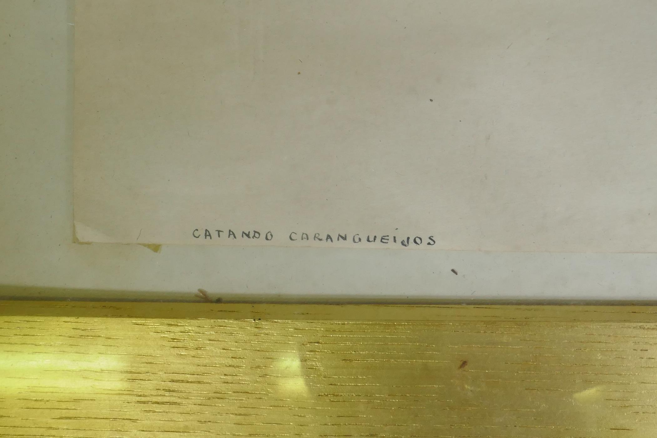 Pen and ink drawing, Brazilian shore 'Catando Caragueijos', catching crabs, signed Hortencio de - Image 3 of 4