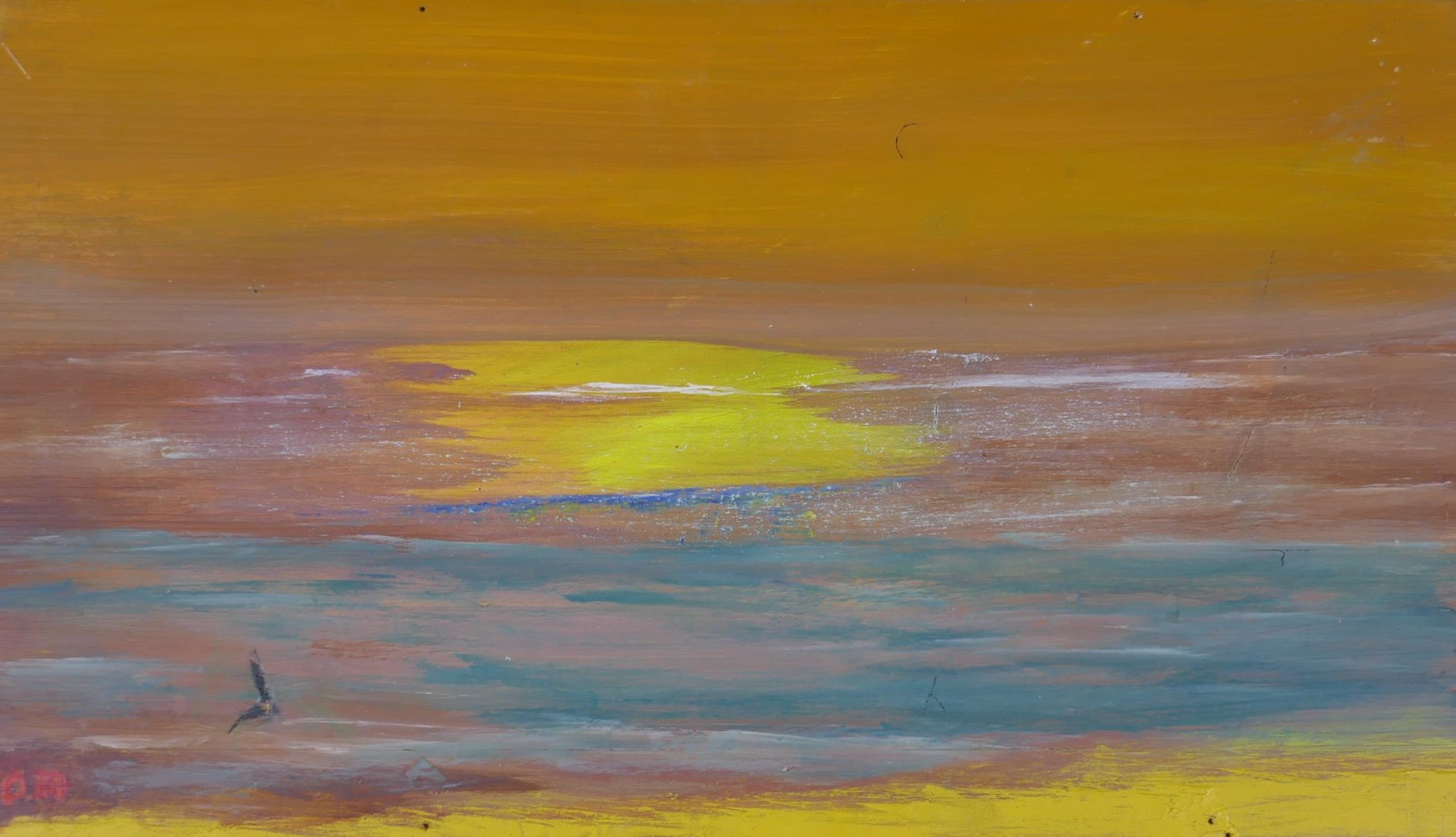 In the manner of Thomas O'Malley, coastal sunset, monogrammed and inscribed verso, unframed oil on