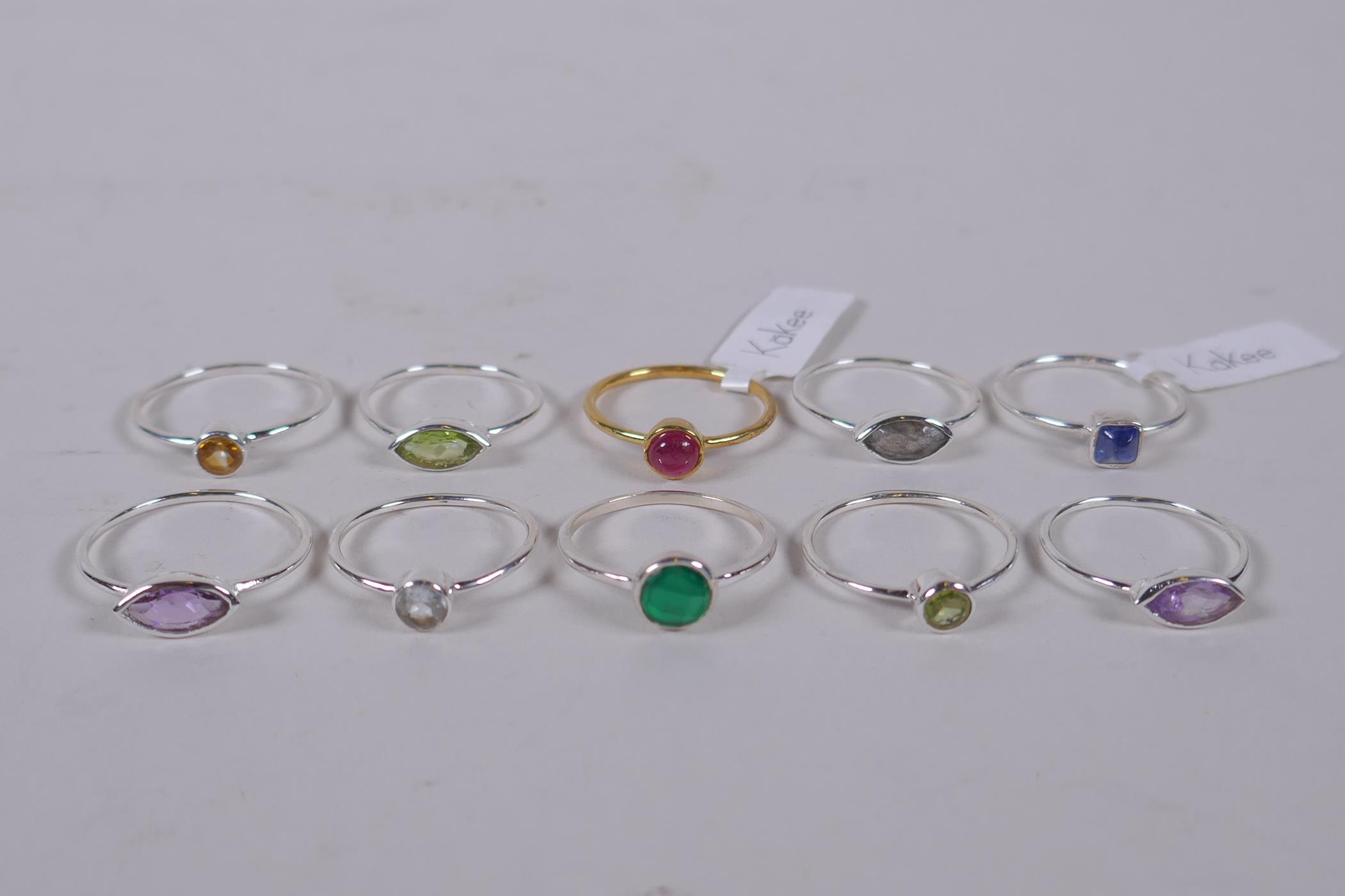 Ten 925 silver and silver gilt lady's dress rings with assorted stone settings, various sizes