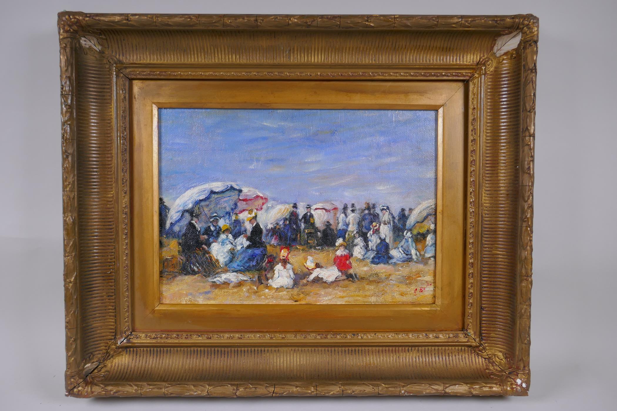 After Eugene Boudin, (French, 1824-1898), beach scene, oil on board, 35 x 25cm - Image 2 of 4