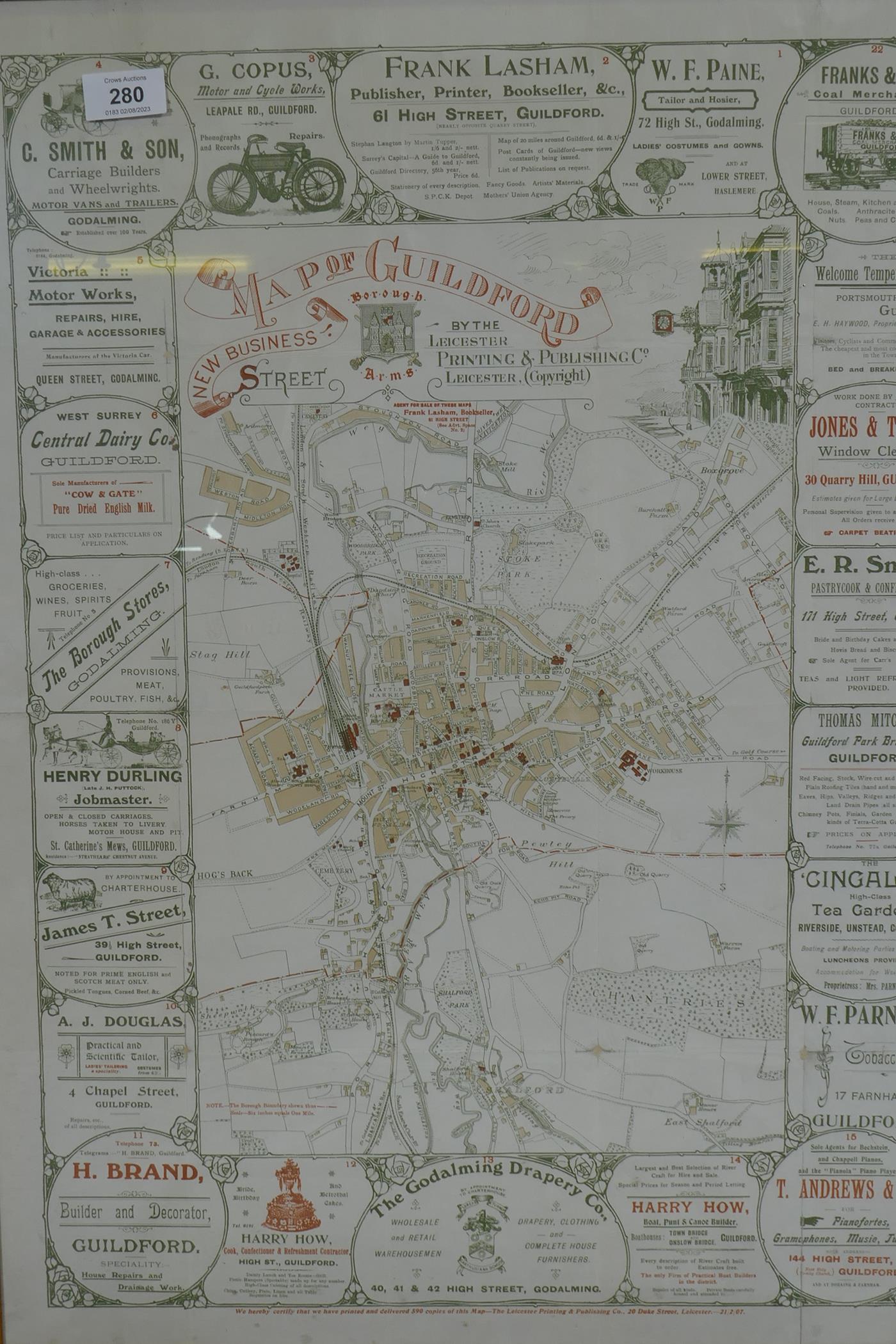 Early C20th Map of Guildford with adverts of local businesses, one of 590 published, 21.02.07, 50