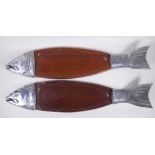 A pair of Japanese chromed metal and wood fish serving trays, 80cm long