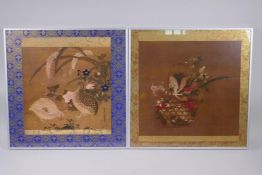 A pair of Oriental prints depicting quail and floral bouquets, framed, largest 34 x 32cm