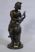 C19th French bronze figure, girl with mandolin, unsigned, 50cm high