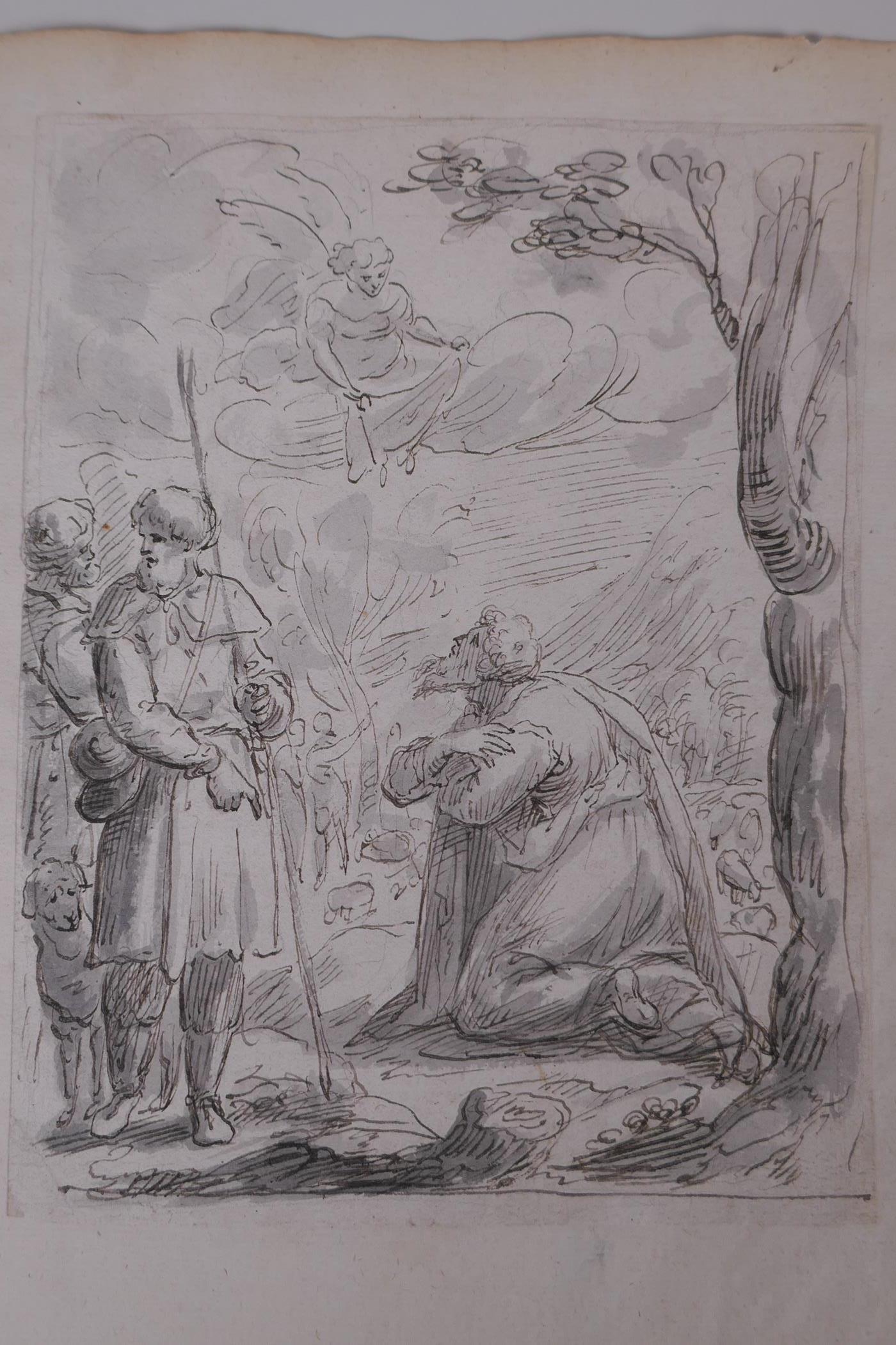 Figures in a landscape with angel above, C17th/C18th ink and wash drawing, and figures in a - Image 2 of 3