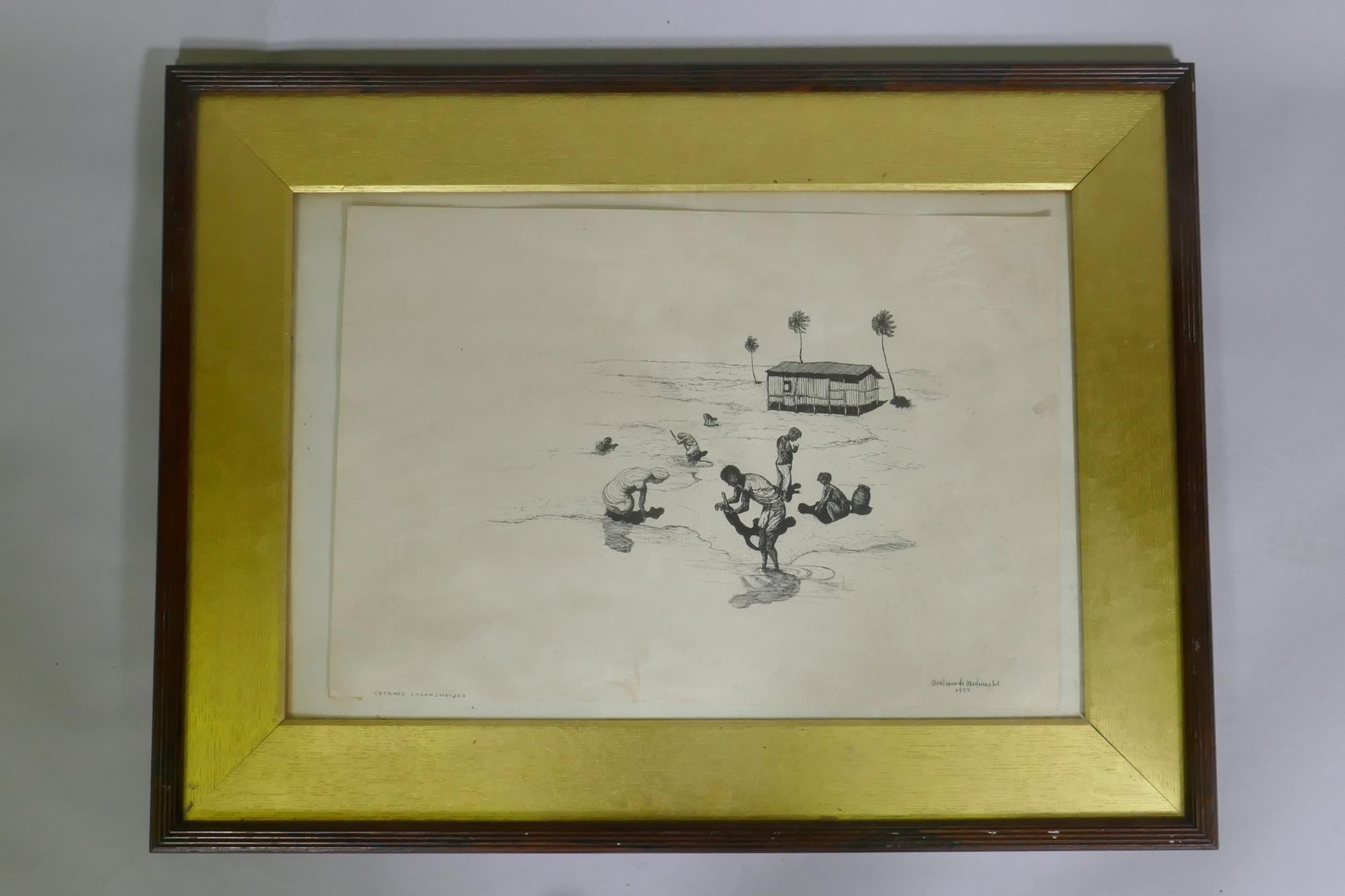 Pen and ink drawing, Brazilian shore 'Catando Caragueijos', catching crabs, signed Hortencio de - Image 2 of 4