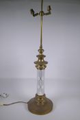 A large brass and glass column table lamp, 97cm high