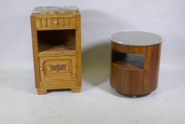A hardwood drum shaped occasional table with glass top, 50cm diameter x 52cm, and a Continental