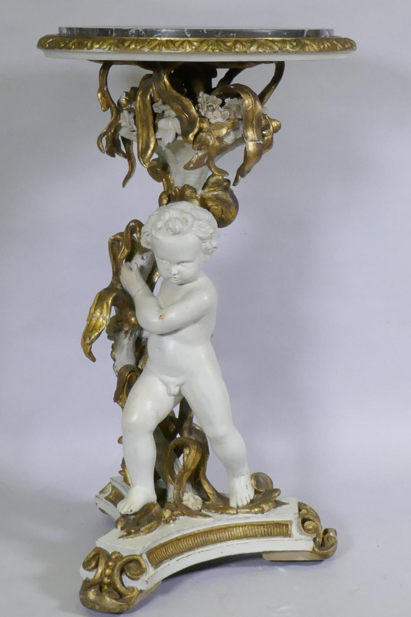 C19th Italian table/stand with painted and parcel gilt decoration in the form of a putto bearing a - Image 2 of 8