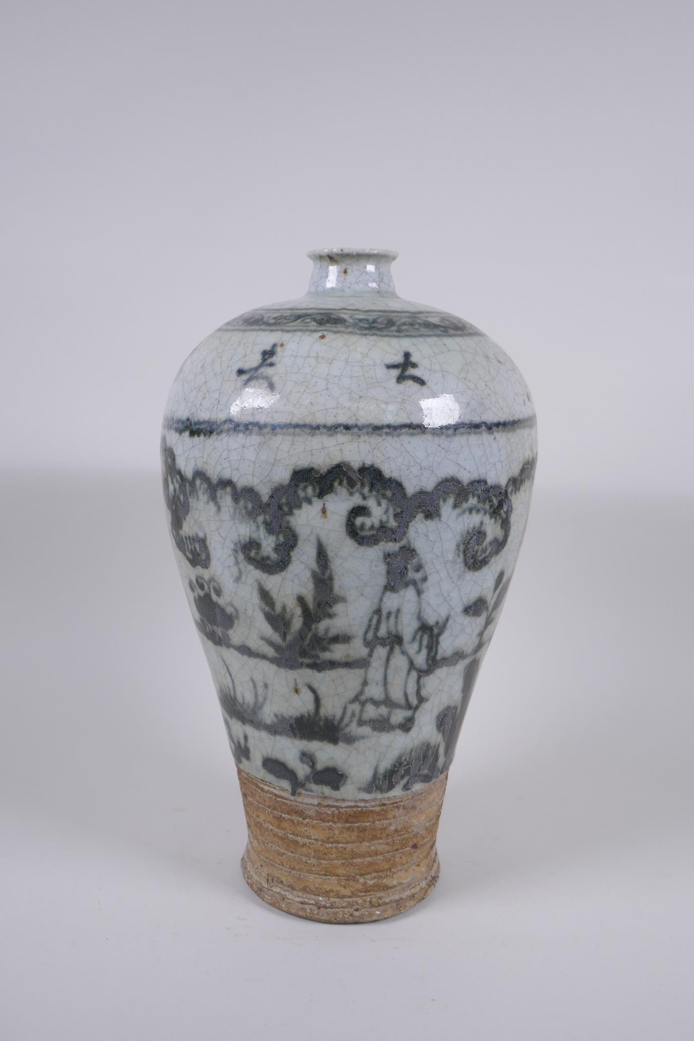 A Chinese blue and white crackle glazed pottery meiping vase, decorated with figures in a landscape, - Image 2 of 6