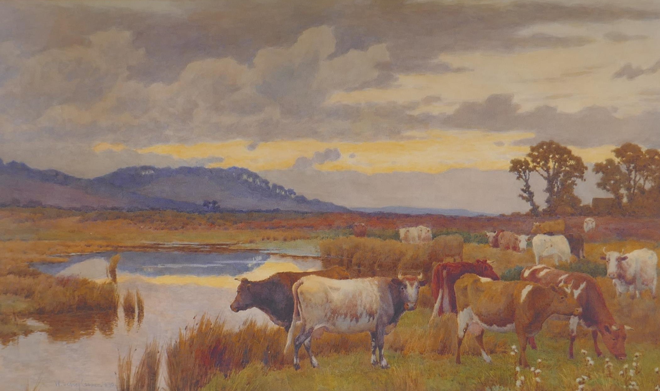 William Sidney Cooper, (British, 1854-1927), cattle by a lake, 1890, watercolour, 68 x 40cm