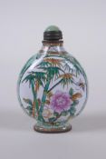 A canton enamel snuff bottle decorated with insects amongst flowers and bamboo, Chinese 4