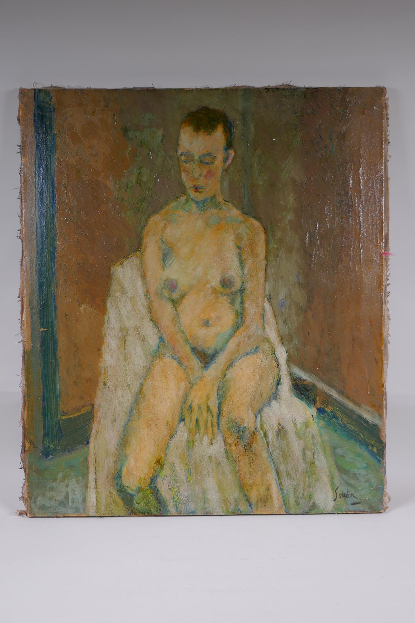 In the style of Chaim Soutine, (French, 1893-1943), female nude, oil on canvas, unframed, 55 x 64cm - Image 2 of 4