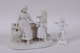 A Parian figure group of a woman and child at a well, AF, and a figure of a winged putti, largest