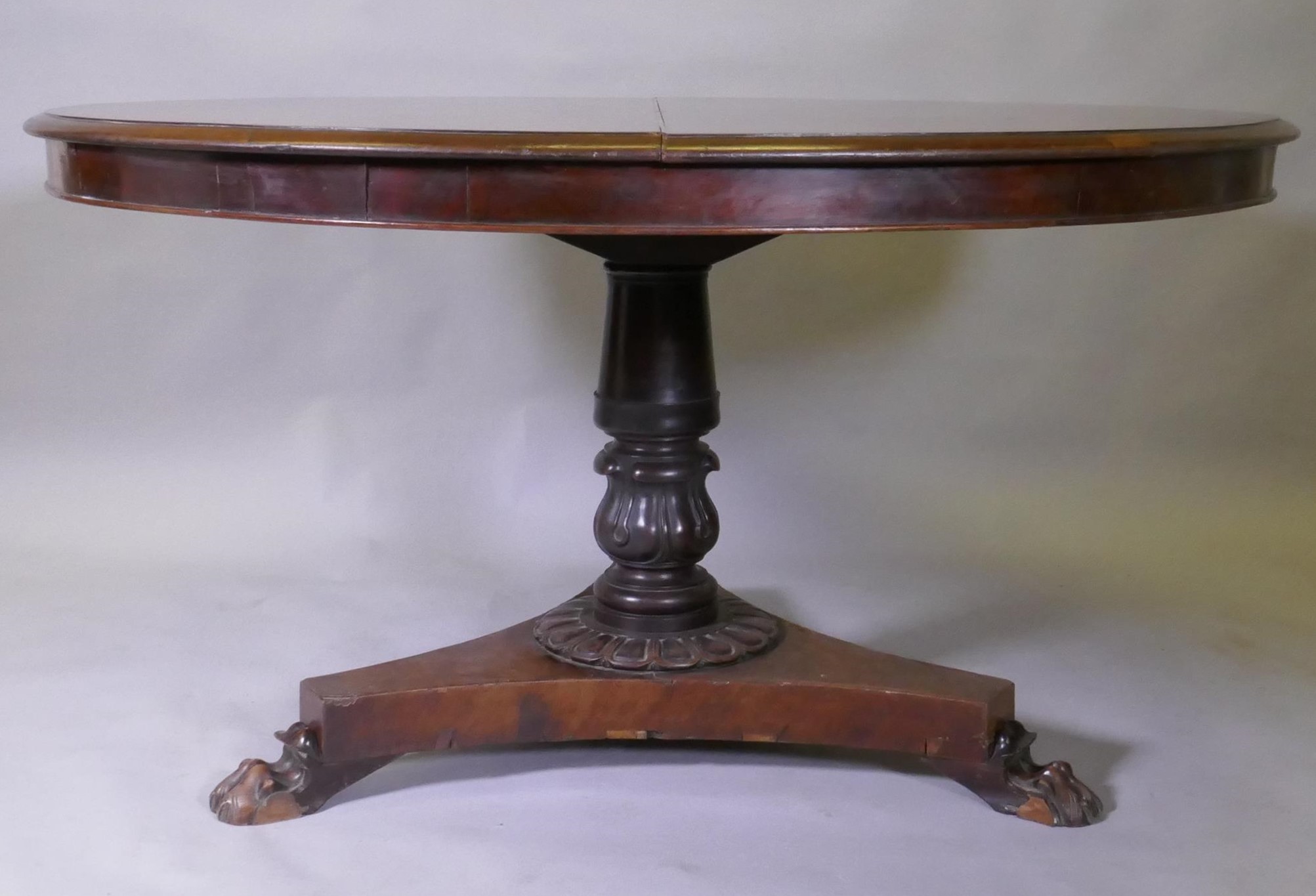 A Victorian mahogany tilt top breakfast table, with carved column and triform platform base raised - Image 2 of 3
