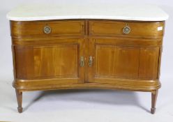 A Victorian inlaid mahogany marble topped washstand with bow shaped front, two drawers over two