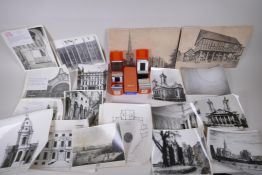 A quantity of vintage black and white architectural photographs and slides, largest 30 x 21cm