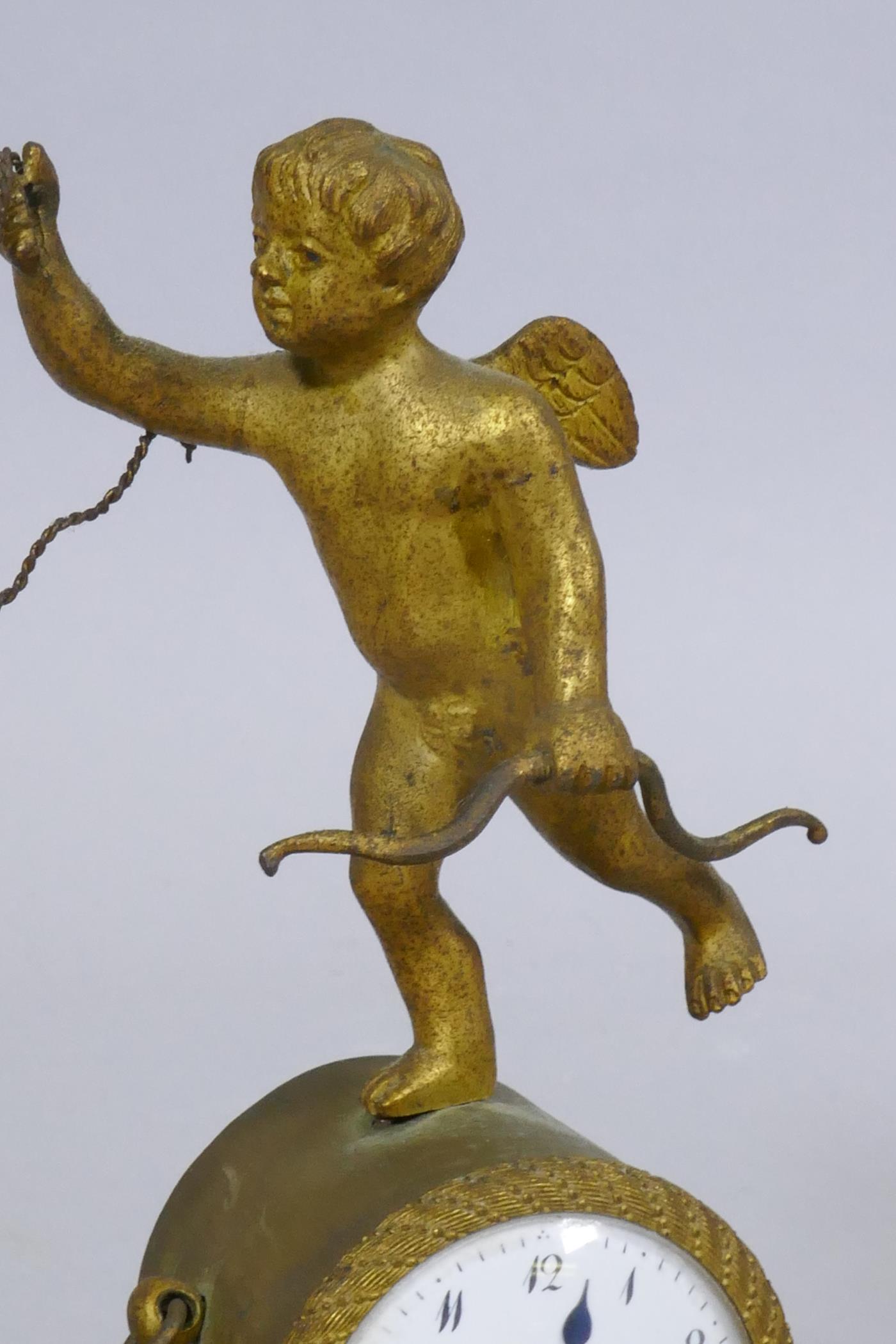 A C19th French Empire Style ormolu mantel clock, with putto and dog, and anthemion decoration, - Image 4 of 5
