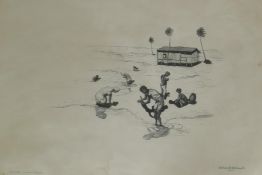 Pen and ink drawing, Brazilian shore 'Catando Caragueijos', catching crabs, signed Hortencio de